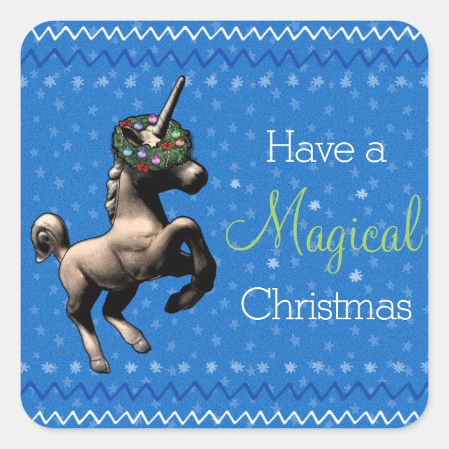 Holiday Unicorn "Magical Christmas" (Blau) Quadratischer Aufkleber (Vorderseite)