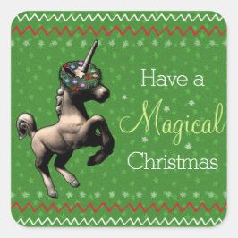 Holiday Unicorn "Magical Christmas" (Grün) Quadratischer Aufkleber