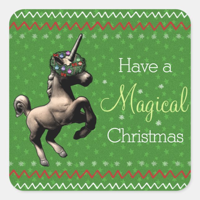 Holiday Unicorn "Magical Christmas" (Grün) Quadratischer Aufkleber (Vorderseite)