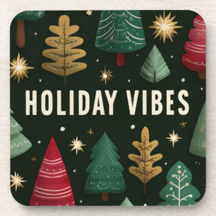 Holiday Vibes Text Overlay auf Retro Weihnachtsbau Getränkeuntersetzer