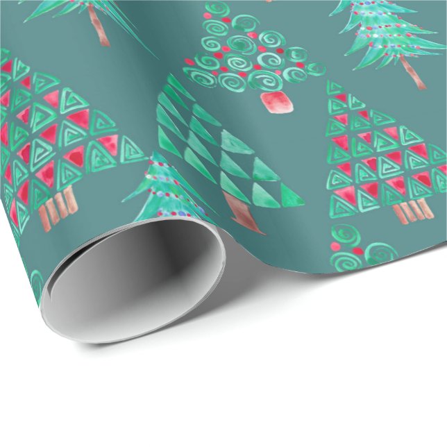 Holiday Watercolor Christmas Tree Gift Wrap Teal Geschenkpapier (Rolleneckpunkt)