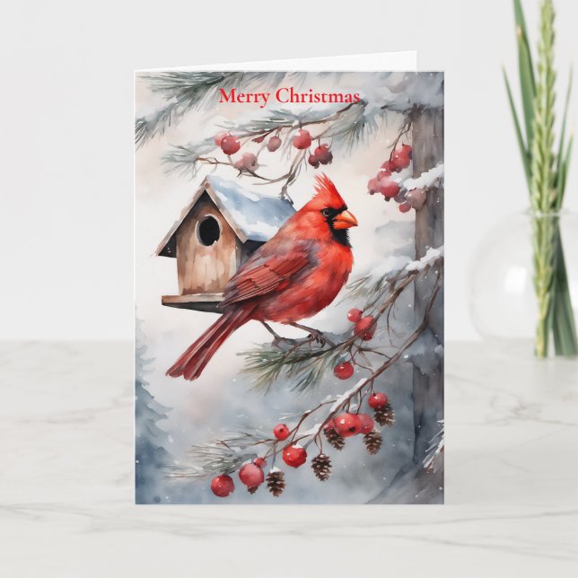 Holiday Watercolor Kardinal und Birthaus Karte (Vorderseite)