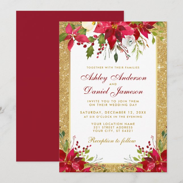 Holiday Wedding Gold Glitzer Red Floral Poinsettia Einladung (Vorne/Hinten)