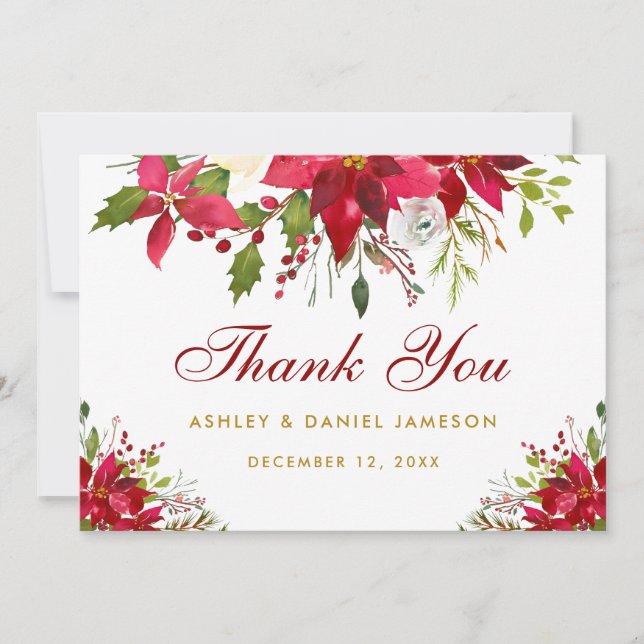 Holiday Wedding Poinsettia Floral Red Gold Dankeskarte (Vorderseite)