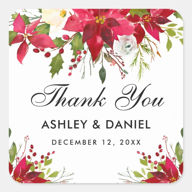 Holiday Wedding Poinsettia Floral Vielen Dank Quadratischer Aufkleber (Vorderseite)