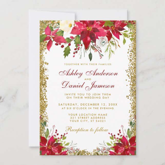 Holiday Wedding Red Floral Poinsettia Gold Glitzer Einladung (Vorderseite)