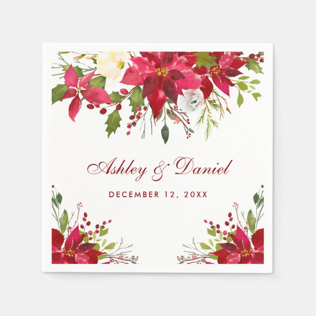 Holiday Wedding Watercolor Poinsettia Floral Red Serviette (Vorderseite)