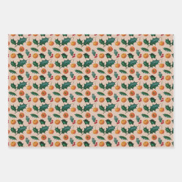 Holiday Wrapping Paper with Fruit & Holly, Pink Geschenkpapier Set