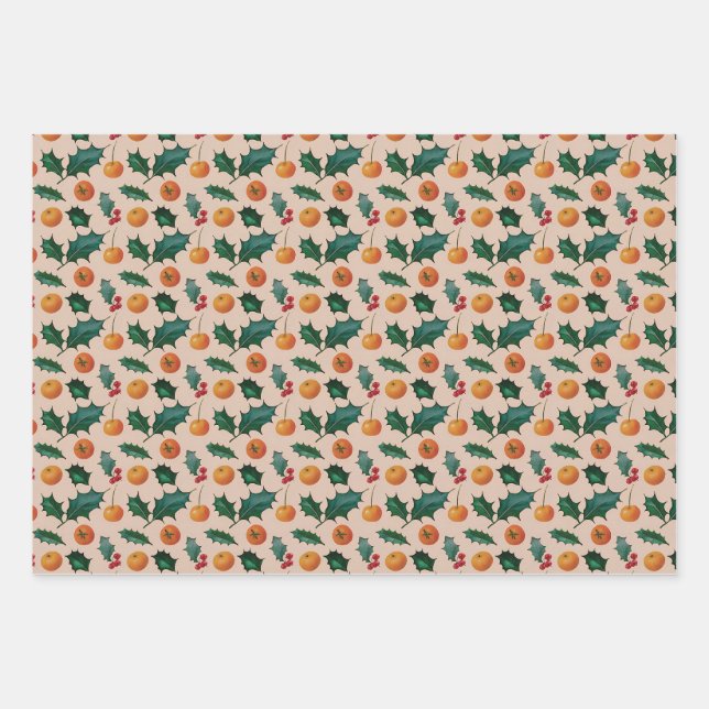 Holiday Wrapping Paper with Fruit & Holly, Pink Geschenkpapier Set (Vorderseite)