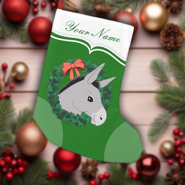 Holiday Wreath Donkey Red Ribbon Personalisiert Kleiner Weihnachtsstrumpf (Holiday Wreath Donkey Red Ribbon Personalized Small Christmas Stocking)