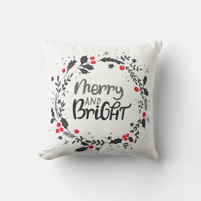Holiday Wreath Merry und Bright Typografie Kissen (Vorderseite)