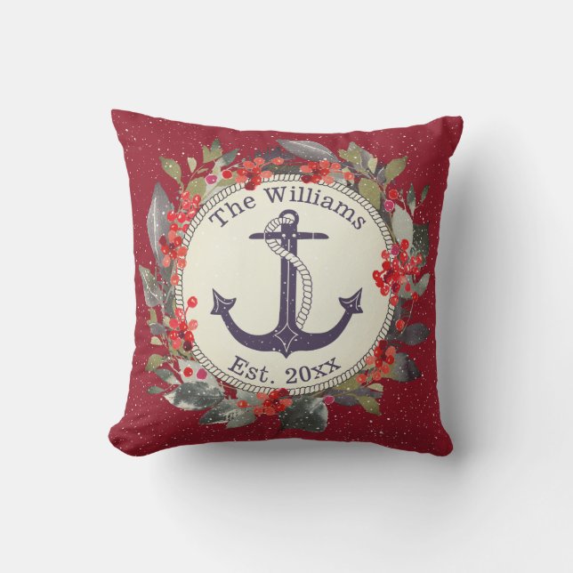 Holiday Wreath Red Berries Nautical Blue Anchor Kissen (Vorderseite)