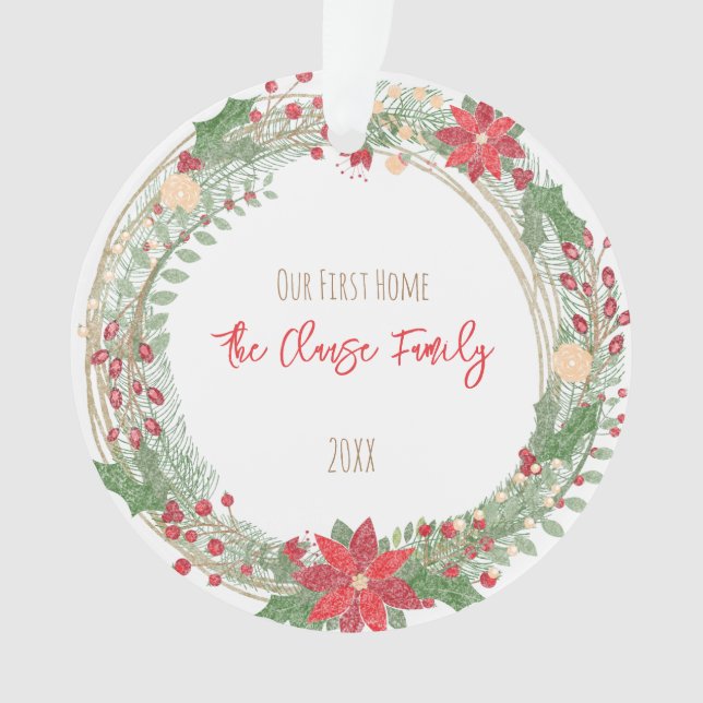 Holiday Wreath Unsere erste Zuhause-Jahres-Adresse Ornament (Vorderseite)