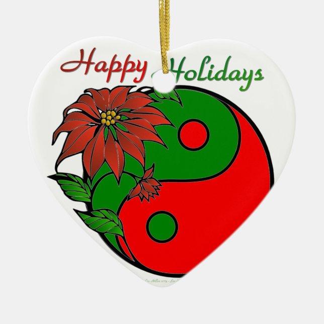 Holiday Yin Yang Poinsettia Green Red Keramik Ornament (Vorne)