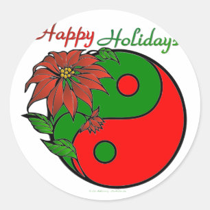Holiday Yin Yang Poinsettia Green Red Runder Aufkleber