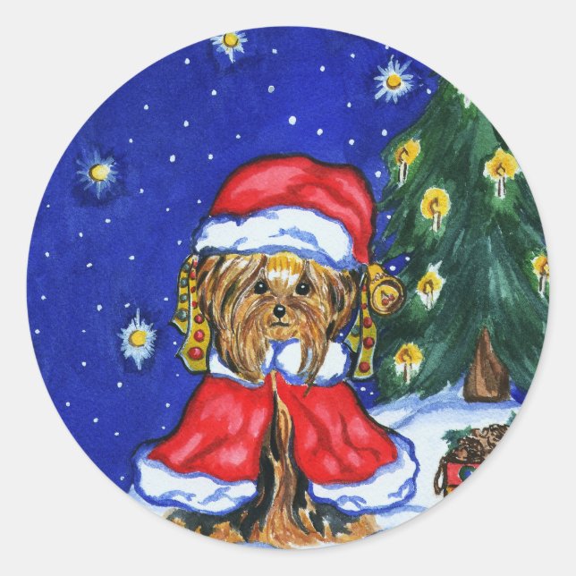 Holiday Yorkshire Terriers Runder Aufkleber (Vorderseite)