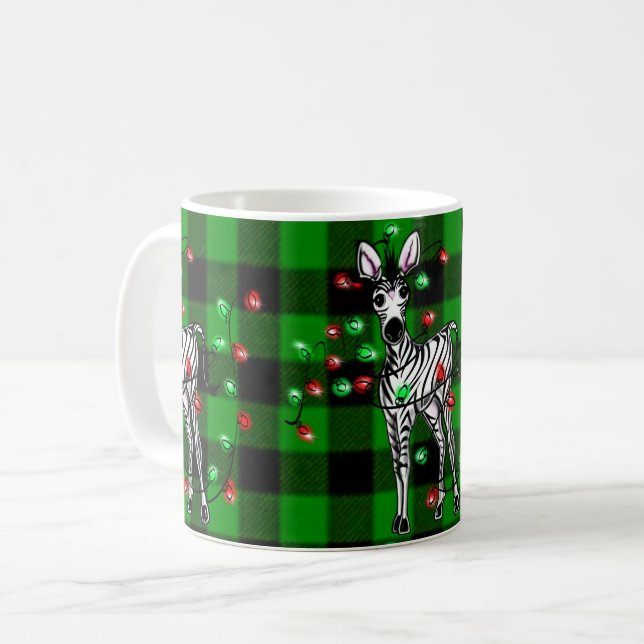 Holiday Zebra, grüner Tartan, blinkende Lichter Kaffeetasse (Vorderseite Links)