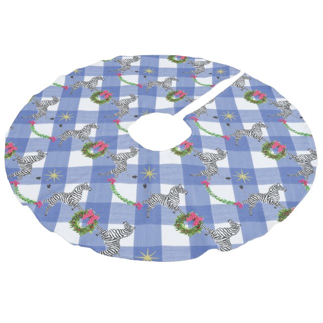 Holiday Zebras auf Blue Kariert Leinenimitat Weihnachtsbaumdecke (Schrägansicht)