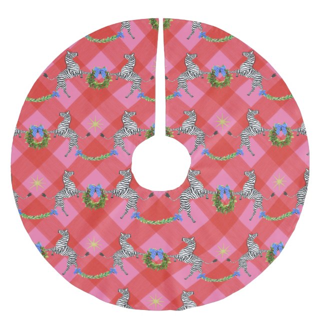 Holiday Zebras Pink Kariert Polyester Weihnachtsbaumdecke (Vorderseite)