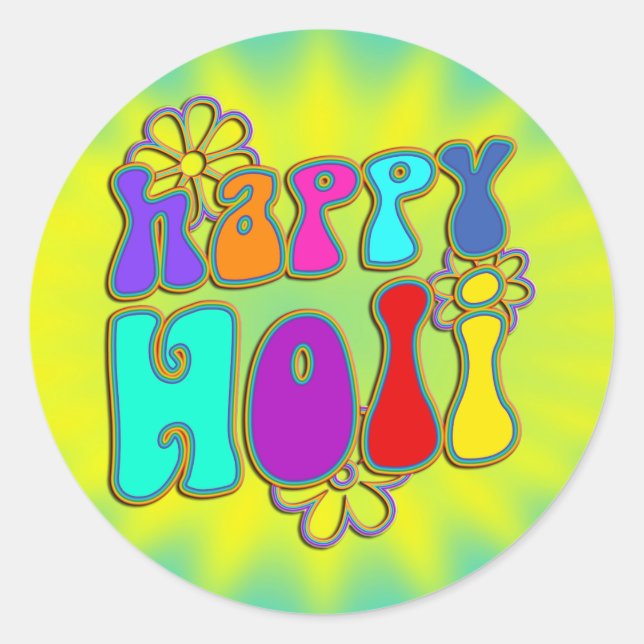 holiES - HAPPY HOLI farbige Kontur Blume 1 Runder Aufkleber (Vorderseite)