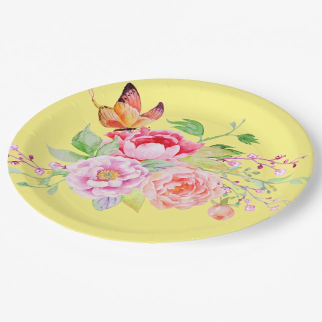 holiES - Wasserfarbene Frühlingsblumen Bouquet 2 Pappteller (Schrägansicht)