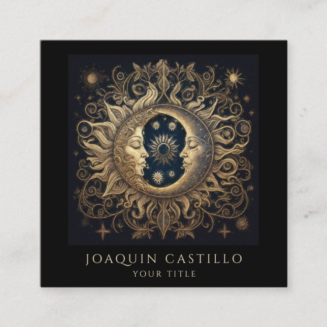Holistic Celestial Gold Sun Moon Black Quadratische Visitenkarte (Vorderseite)