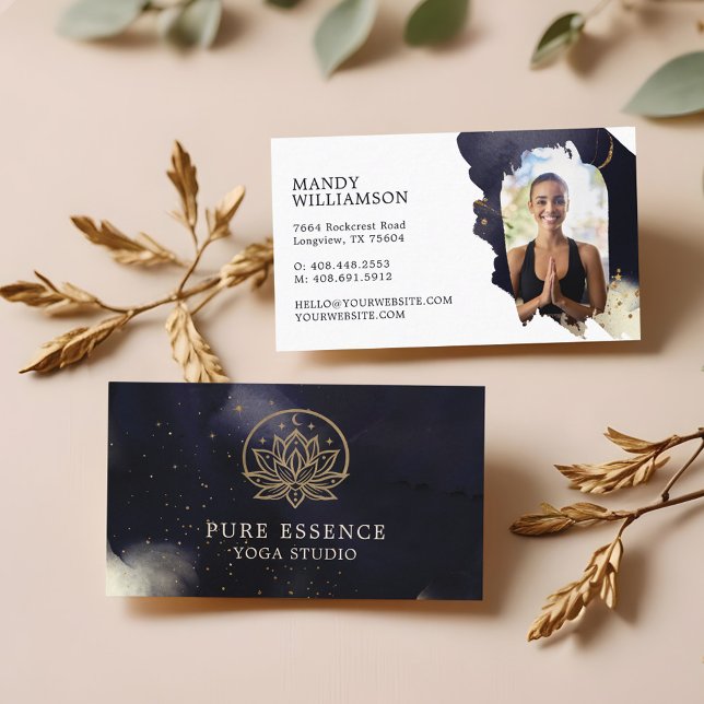 Holistic Gold Celestis Lotus Dark Ink Yoga Foto Visitenkarte (Holistic Gold Celestial Lotus Dark Ink Yoga Photo Business Card)