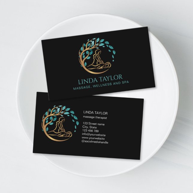 Holistic Massage Therapist Wellness Spa Visitenkarte (massage therapist logo with golden tree business card)