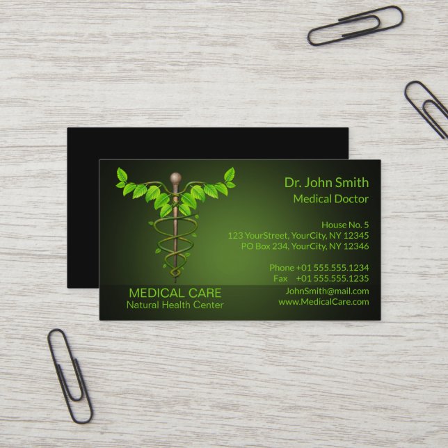 Holistische Alternative Medical Caduceus Green Blä Visitenkarte (Vorderseite/Rückseite Beispiel)
