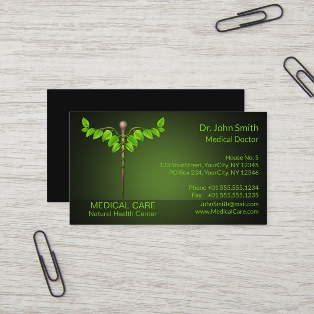 Holistische Alternative Medical Caduceus Green Blä Visitenkarte (Vorderseite/Rückseite Beispiel)