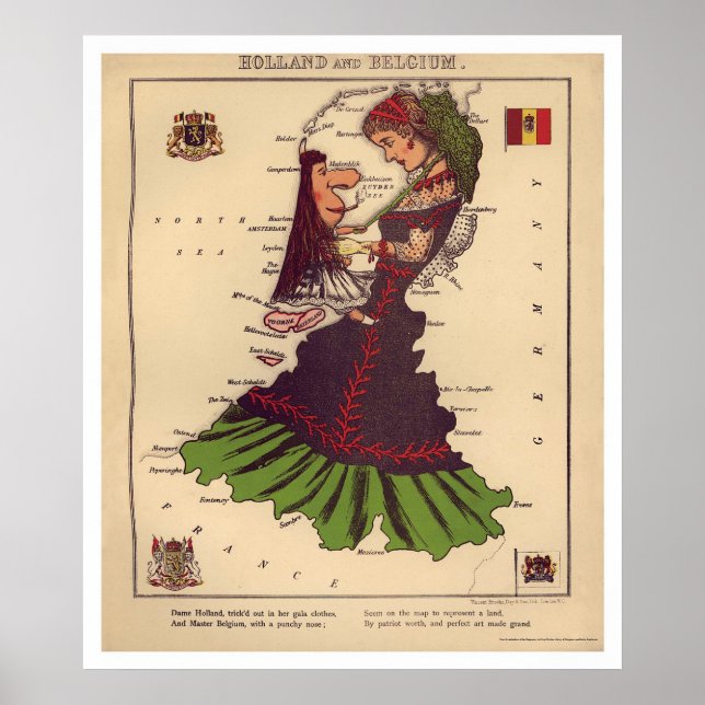 Holland & Belgien Karicature Karte 1868 Poster (Vorne)