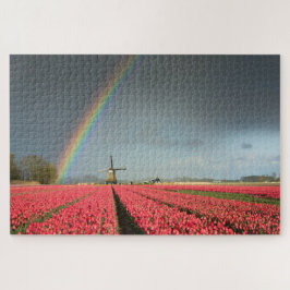 Holland-Landschaft mit Regenbogen, Tulpen,