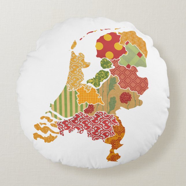 Holland Province Map Bohemisch Patchwork Style Rundes Kissen (Vorderseite)