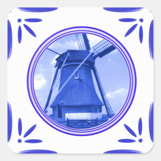 Holland Windmill Delft-Blue-Tile-Look bedruckt Quadratischer Aufkleber (Vorderseite)