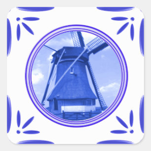 Holland-Windmühle Delft-Blau-Fliese-Blick gedruck Quadratischer Aufkleber