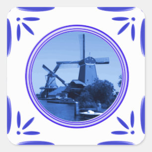 Holland-Windmühlen Delft-Blau-Fliese-Blick Quadratischer Aufkleber