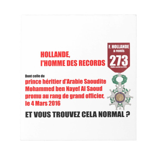 Hollande Record Légions d'Honneur - Bloc-notes (Devant)