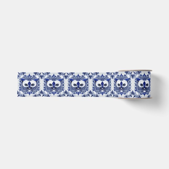 Holländisch Blue & White Style Cat Face for Animal Ripsband (Vorderseite)