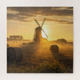Holländische Windmühle auf einem morgendlichen Heu