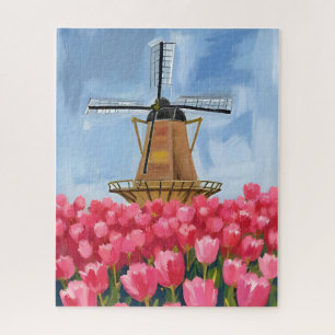 Holländische Windmühle   Tulpen-Blumenfeld Aquarel