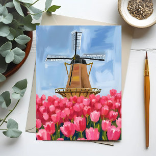 Holländische Windmühle Tulpen Blumenfeld Aquarell Postkarte