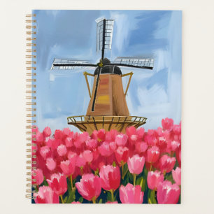 Holländische Windmühle Tulpenblumenfeld Aquarell Planer