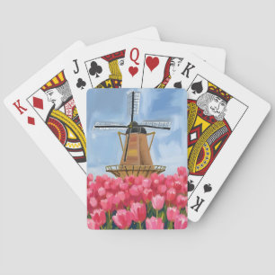 Holländische Windmühle   Tulpenblumenfeld Aquarell Spielkarten