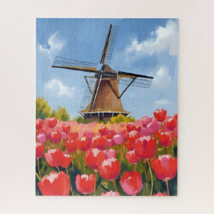 Holländische Windmühle Tulpenfeld Landschaft Aquar