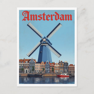 Holländische Windmühle und Kanal Szene Amsterdam Postkarte