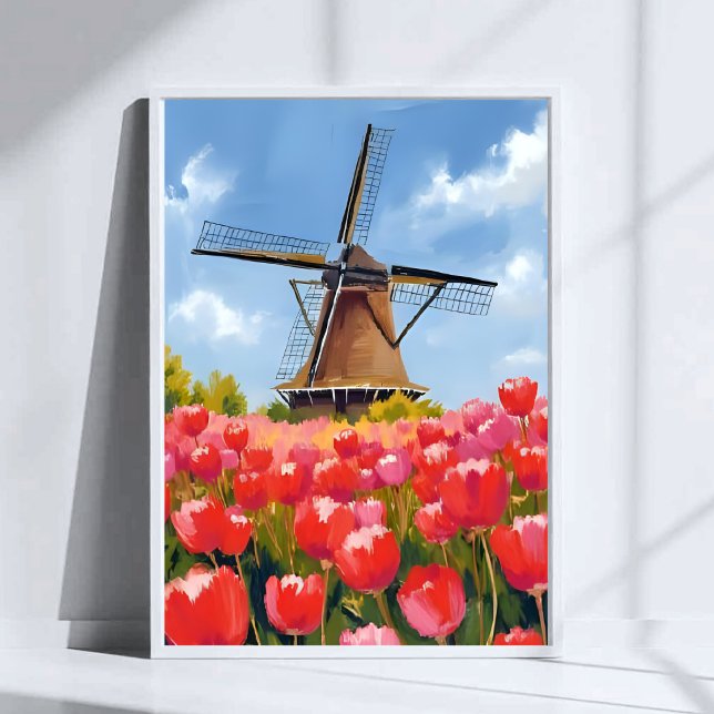 Holländische Windmühlen-Tulpenfeld-Landschaft Aqua Poster (Von Creator hochgeladen)