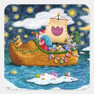 HOLLÄNDISCHER HOLZSCHUH WEIHNACHTSMANN SCHIFF, EIS QUADRATISCHER AUFKLEBER