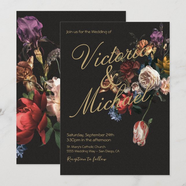 Holländischer Master Floral Dark & Moody Wedding Einladung (Vorne/Hinten)