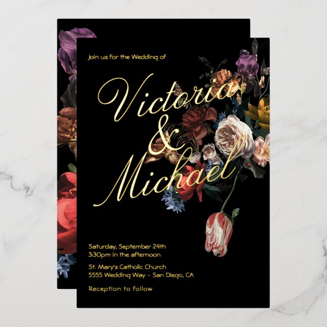 Holländischer Master Floral Dark & Moody Wedding Folieneinladung (Vorderseite/Rückseite)