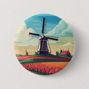 Holländisches Oranges Tulpenfeld Windmühle Niederl Button